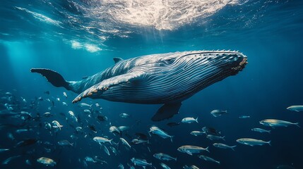 A humpback whale swims through a school of fish in a clear blue ocean.