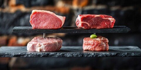 Slices of pork and beef are precariously balanced on the edge, symbolizing an overabundance of animal protein in our diets.