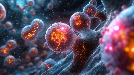 Microscopic view of cells with glowing particles and structures.