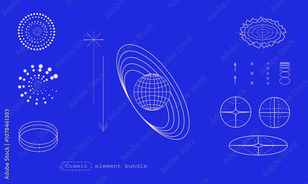 Wall mural set of vector elements in cosmic science and atomic structures over blue neon background. planetary 