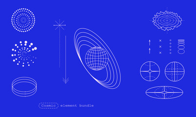Set of vector elements in cosmic science and atomic structures over blue neon background. Planetary orbits, atomic particles, geometric diagrams. Concept of physics, astronomy, elements for design .