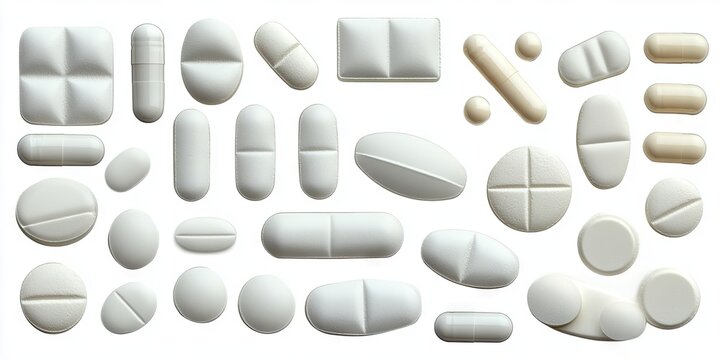 A collection of white caplet shaped pills intended for promotional and advertising use. These are pharmaceutical products from cosmetic manufacturers for marketing endeavors.