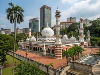 Obraz premium Captivating Portrait Photography of Jamek Mosque, Kuala Lumpur, Showcasing Stunning Architectural Details Against a Clear Blue Sky with Vibrant Surroundings