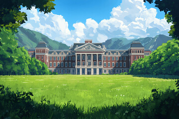 Elegant historic building with large columns framed by green trees and an open lawn under a bright blue sky with fluffy clouds