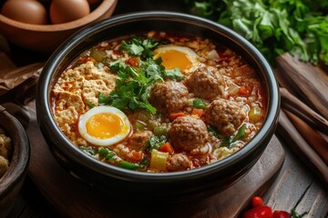 Spicy seblak is a soup with soaked crackers meatballs sausages veggies and eggs featuring a hot savory sauce