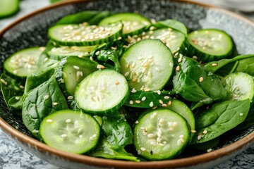 Spinach salad in sesame oil Sigeumchi Namul a decorated healthy Korean side dish with carved cucumber and vegetables