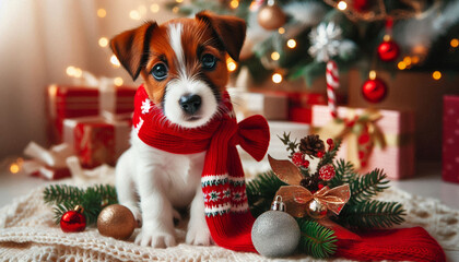 Adorable puppy with a red scarf amidst Christmas decorations, evoking the warmth and joy of the...