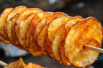 Spiral fried potatoes on sticks Market snack Unhealthy street food
