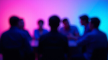 Blurred image of a television studio with silhouettes of people discussing talk show topics against an abstract blue-purple background