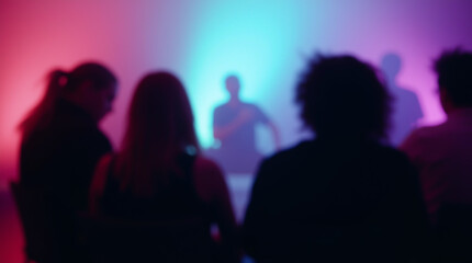 Talk show in a studio with an abstract blue-purple background, silhouettes of people discussing various topics, blurred image