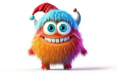 Fototapeta premium Cute and funny colored furry chrismas style monster 3D cartoon character. huge big eyes good smile furry and pretty on white background 