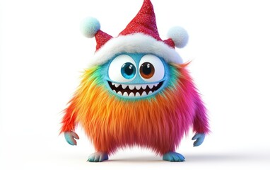 Fototapeta premium Cute and funny colored furry chrismas style monster 3D cartoon character. huge big eyes good smile furry and pretty on white background 