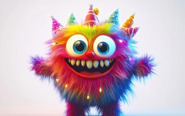 Fototapeta premium Cute and funny colored furry chrismas style monster 3D cartoon character. huge big eyes good smile furry and pretty on white background 