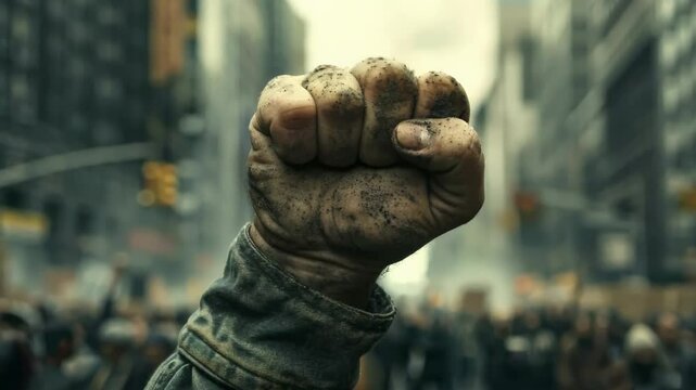 Tractor strike: dynamic video showcasing a farmer's demonstration with raised fists, a megaphone, and agricultural machinery, representing rural unrest and the pursuit of agricultural justice 
