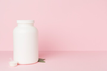 Jar with protein powder on color background. Sports nutrition concept