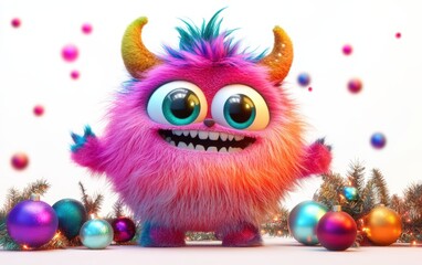 Fototapeta premium Cute and funny colored furry chrismas style monster 3D cartoon character. huge big eyes good smile furry and pretty on white background 