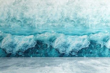 Summer poolside with blue waves and podium display  empty backdrop.