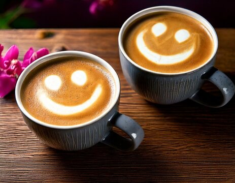 Two cups of coffees invitation friends friendship happy smiley faces emoji drink latte coffee invite smile smiling emoticon positive mood  on a wood wooden table flower in the background