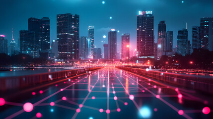 Fototapeta premium Abstract smart city lights by night, river bridge, network connectivity, technology, telecommunications
