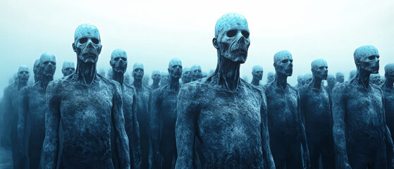 A haunting gathering of pale blue zombies with empty eyes standing in a foggy, dark atmosphere, creating a chilling sense of dread