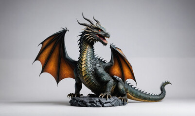 A black dragon with orange wings sits on a rock in a studio setting