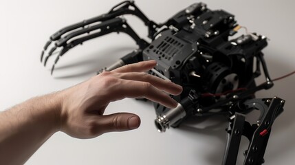 Fascinating Interaction of a Robot and a Human with Their Hands Touching on a Plain White Background. Intricate Connection between Man-made Machine and Human Being in a Simplistic Setting.