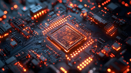 Obraz premium Abstract technology background of a quantum computing system with processor and electronic circuit. Artificial neurons, global data connections