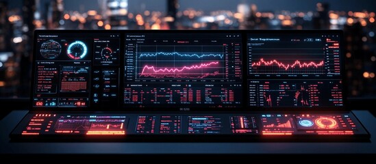Real-Time Market Monitoring Dashboard, digital dashboard with live financial metrics, graphs, and trading signals. Show traders tracking multiple asset classes,