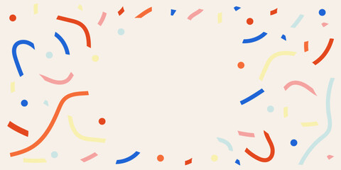 Abstract horizontal background with space for text. Vector banner with differently colorful shaped lines and circles. Design template for print, card, web banner, advisement, cover.