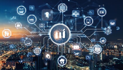 graphic overlay of icons representing various aspects of small and medium-sized enterprises (SMEs) is displayed over a cityscape at night.