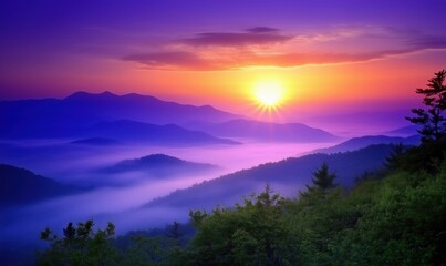 Fototapeta premium Sunrise over misty mountains, vibrant colors, serene landscape, nature's beauty