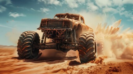 Obraz premium Apocalyptic monster truck driving in the desert with dust flying, crazy 4x4 max style.