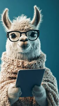 Smiling llama wearing glasses and a sweater using a tablet on blue background