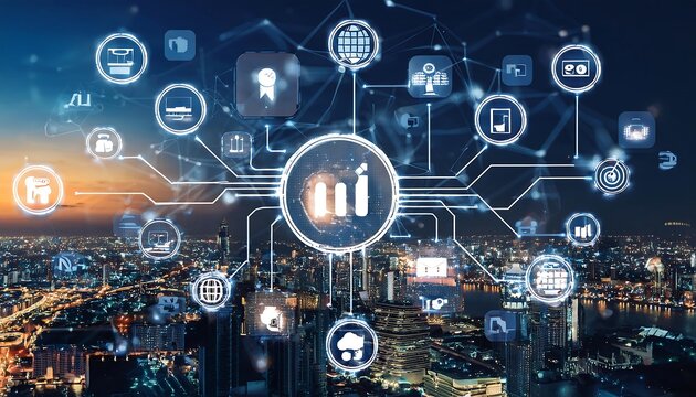 graphic overlay of icons representing various aspects of small and medium-sized enterprises (SMEs) is displayed over a cityscape at night. - Powered by Adobe