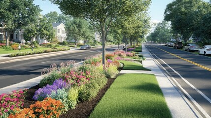 Beautifully landscaped suburban street featuring vibrant flower beds and lush greenery alongside a serene road with peaceful residential homes in the background.