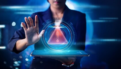 person hand interacting with a holographic warning sign displayed above a tablet.