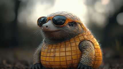 Charming armadillo sports stylish sunglasses on a solid background for a fun vibe