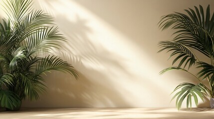 Minimalist interior with palm plants and sunlight.