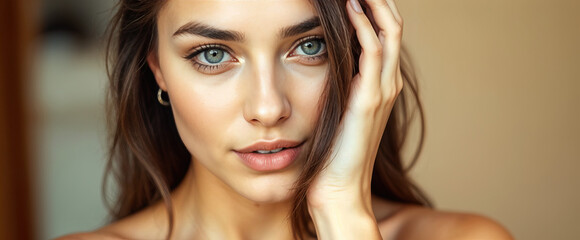 Fototapeta premium close-up portrait of young woman natural beauty clear skin blue eyes soft makeup skincare model facial expression beauty shot