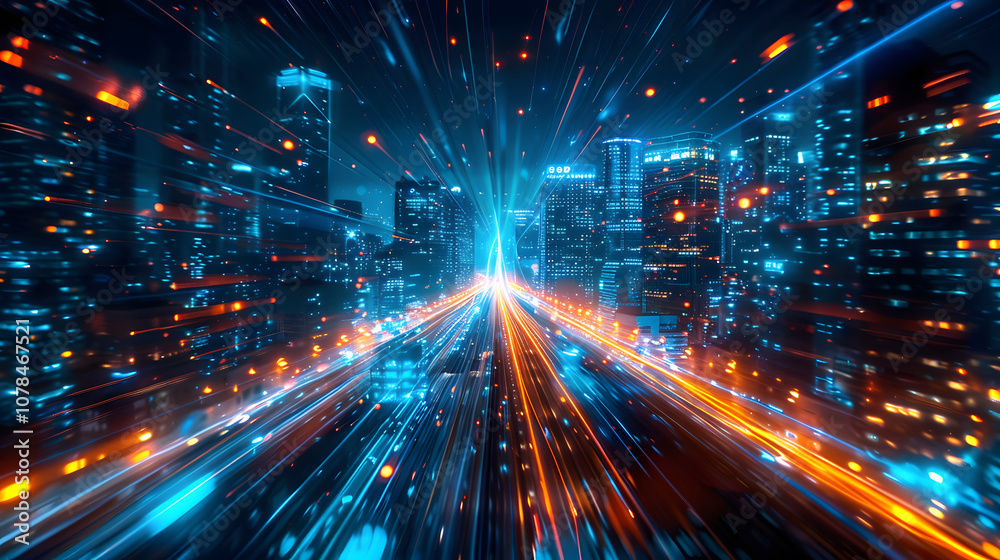 Wall mural abstract background of high speed global data transfer and super fast broadband in futuristic tech c