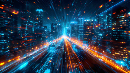 Abstract background of high speed global data transfer and super fast broadband in futuristic tech city at night