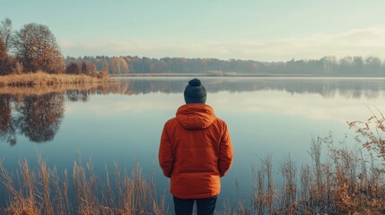 Obraz premium Person reflecting by lake bright day clean background copy space