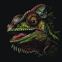 Obraz premium Intricate digital illustration of a chameleon with detailed patterns and textures, curled against a dark background. Generative AI