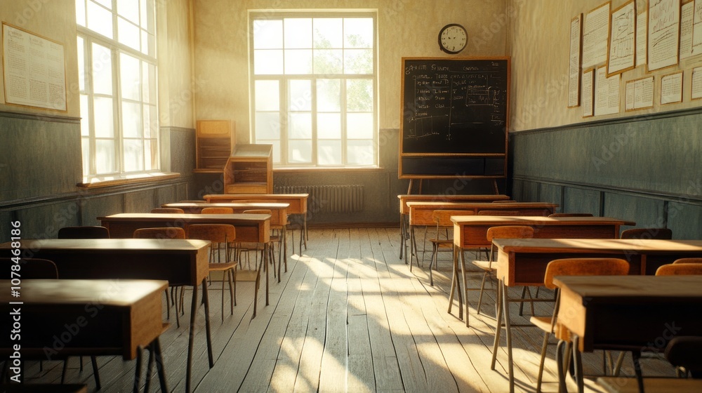 Poster a classroom with a blackboard and a clock on the wall