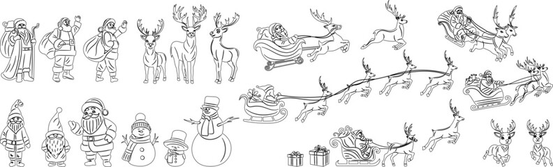 sketch christmas set, santa, deer. snowmen, vector