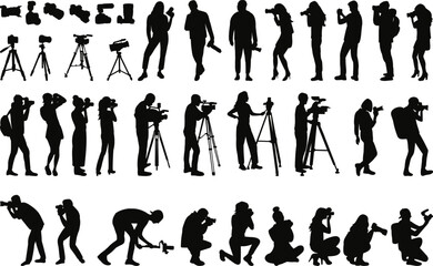 people taking pictures, filming video silhouette set in flat style, vector