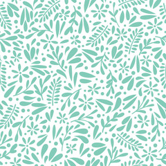 Fototapeta premium White ditsy leaves and flower vector repeat pattern, tiny flower print, cute green spring background texture, repeating tile