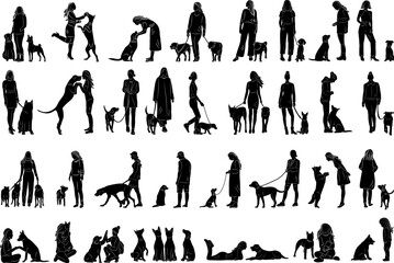 people and dogs silhouette set in flat style, vector