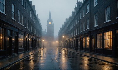 Obraz premium A foggy London street is lit by streetlamps reflecting on the wet pavement