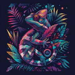 Obraz premium Colorful chameleon illustration in neon dot art style on black background. Digital art animal portrait. Abstract wildlife design for posters, wall art, and prints. Generative AI